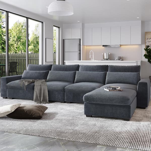 J&E Home 130 in. Square Arm Linen 5-Piece L-Shaped Feather Filled Sectional Sofa with Ottoman in Gray
