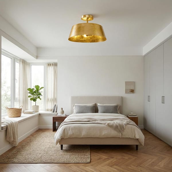 14.57 in. 3-Light Antique Gold Semi-Flush Mount Drum Ceiling Lights