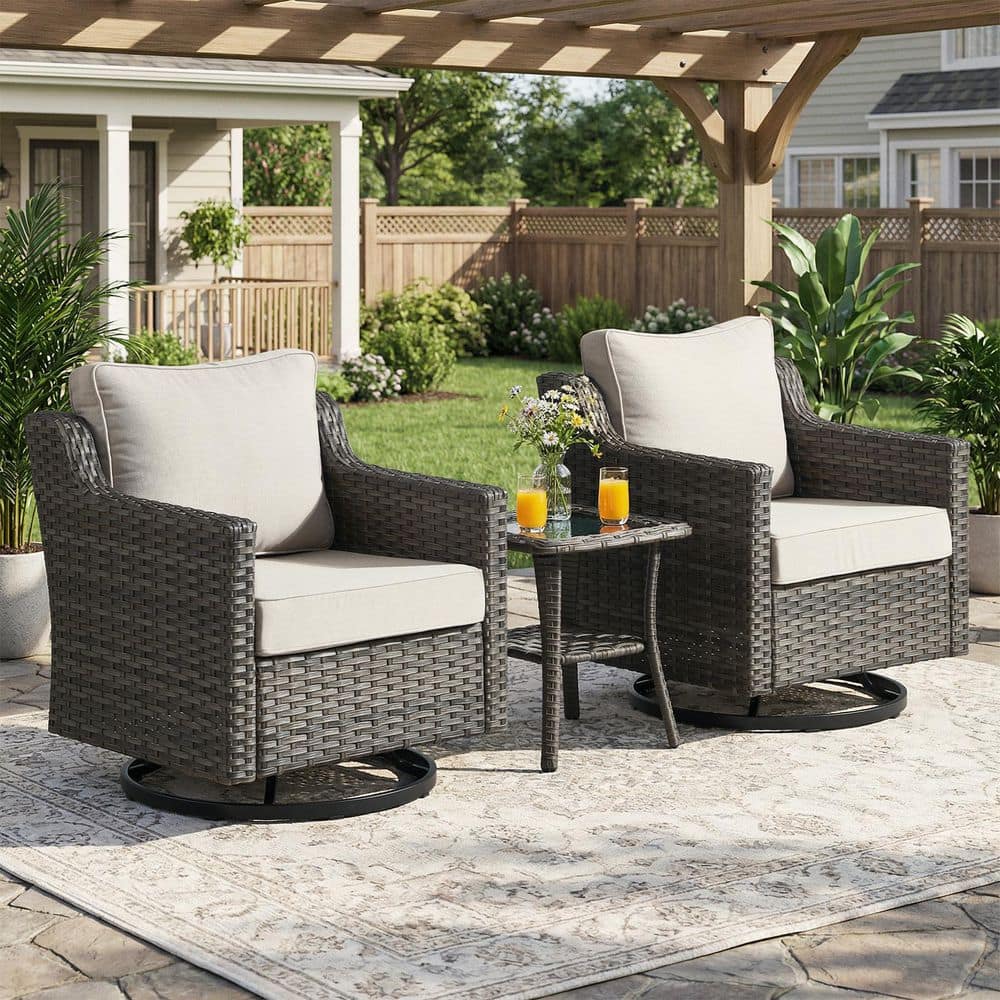 Haven Gray 3-Piece Wicker Swivel Gliders Patio Conversation Set with 4-Inch Thick Beige Cushions and Side Table price history on PriceWatchPro