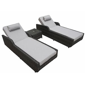 Alisa Black Wicker Outdoor Arm Chaise Lounge with Grey Cushions