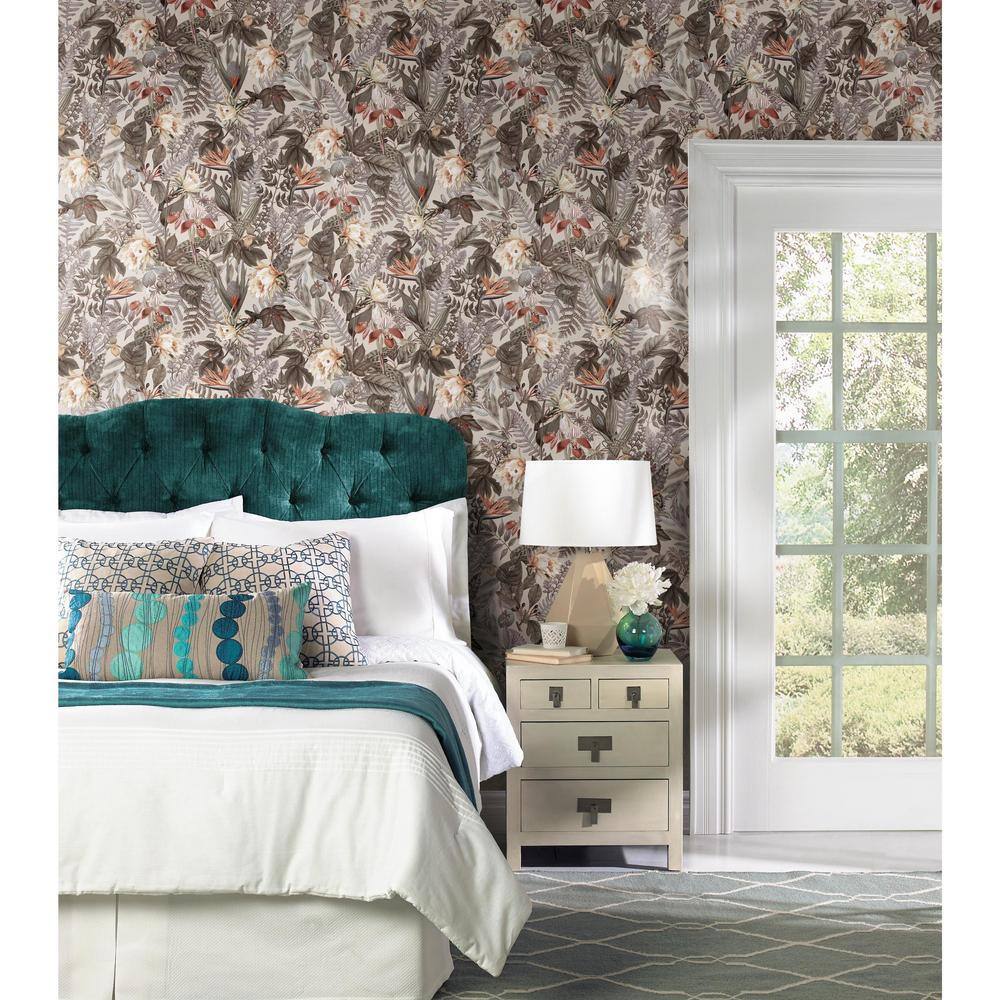 Beige and Green Vinyl Tropical Floral Peel and Stick Wallpaper Roll