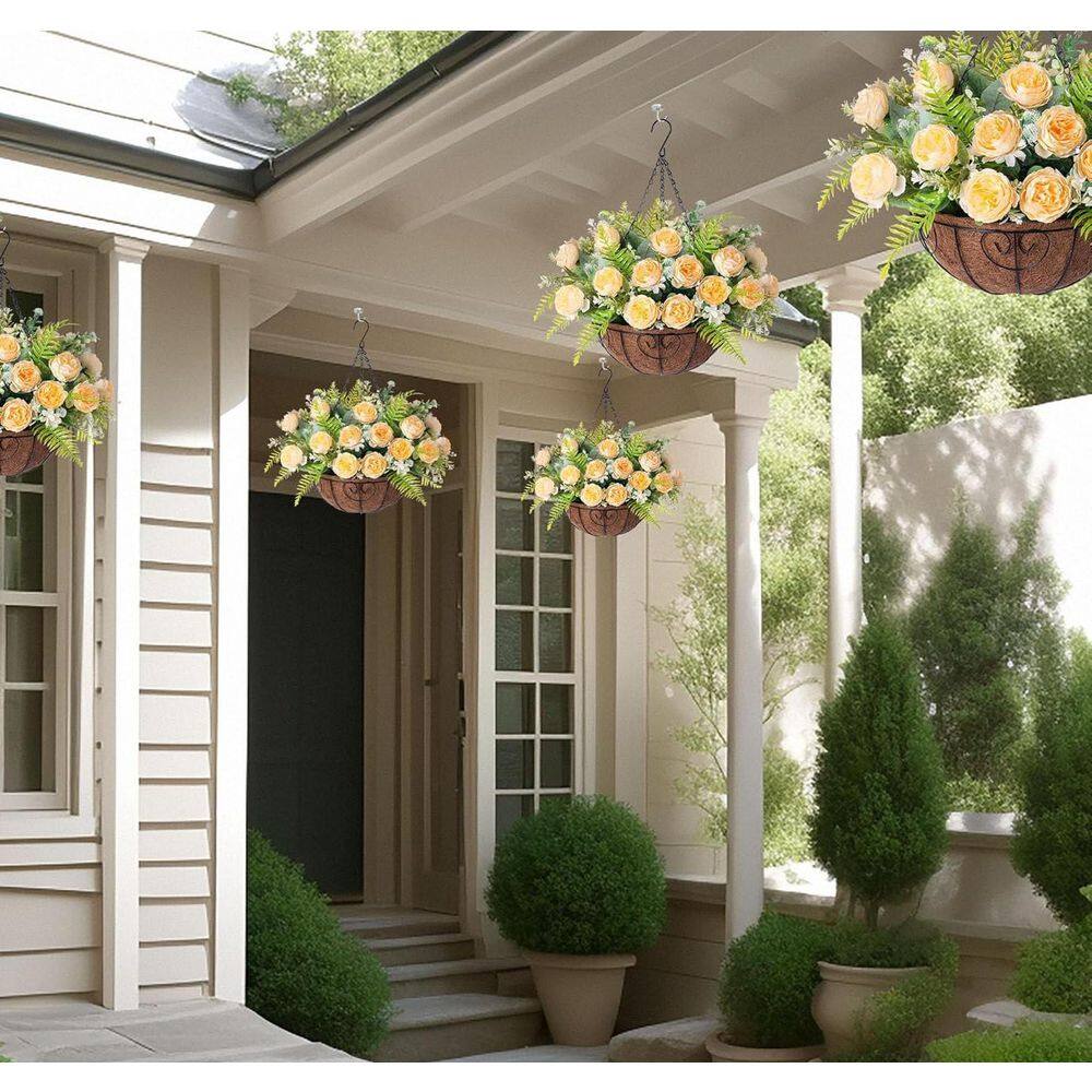 21.3 in. Yellow Indoor Artificial Rose Flowers in Brown Basket