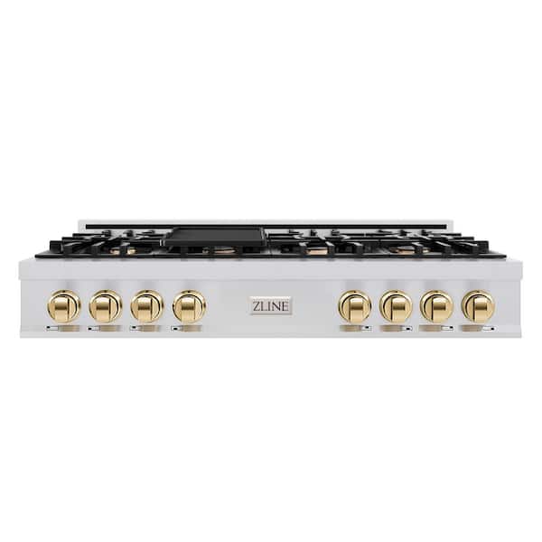 ZLINE Kitchen and Bath Autograph Edition 48 in. 7 Burner Front Control Gas Cooktop with Polished Gold Knobs in Stainless Steel