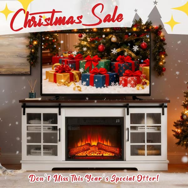 SUNRINX 59 in. Freestanding Electric Fireplace TV Stand with 2 Sliding Fluted Glass Doors in White