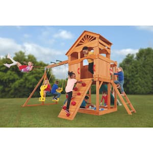 Timber Valley Wood Complete Swing Set with Wood Roof, Glider Swing, Red Playset Accessories and Green Slide