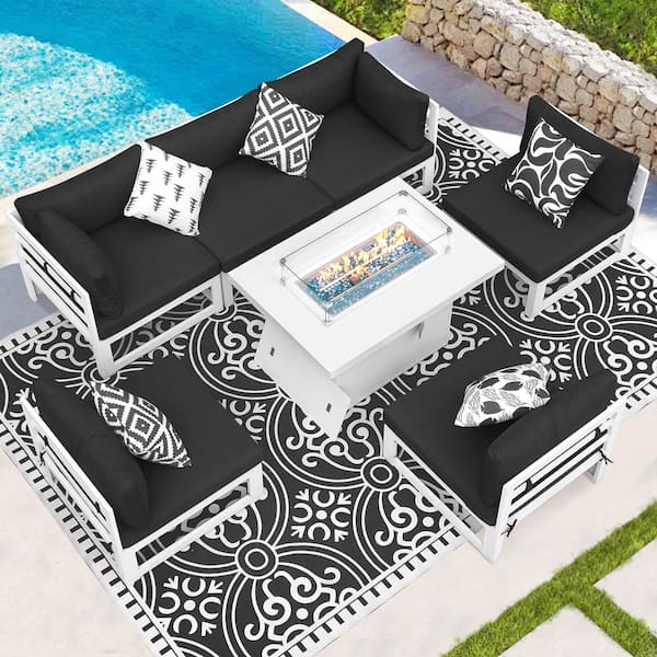 Unbranded Luxury White 7-Piece Aluminum Patio Conversation Deep Seating Set with 55,000 BTU Fire Pit Table and Black Cushions