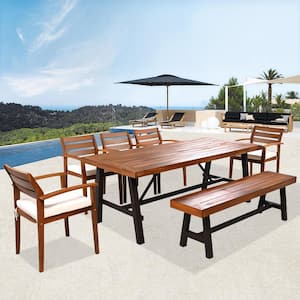 6-Piece Acacia Wood Outdoor Dining Set with Removable Beige Cushions