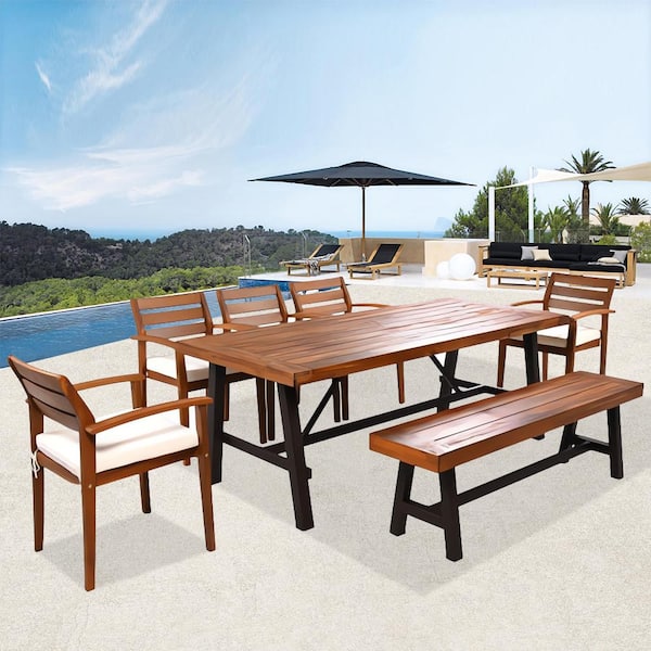 Unbranded 6-Piece Acacia Wood Outdoor Dining Set with Removable Beige Cushions