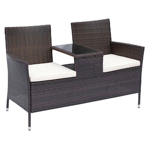 Brown Plastic Rattan Wicker Outdoor Loveseat with White Cushions and Center Tea Table for 2 People