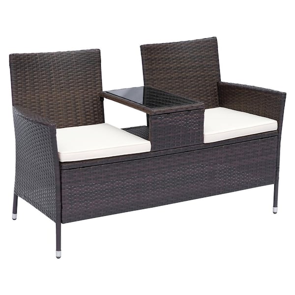 Outsunny Brown Plastic Rattan Wicker Outdoor Loveseat with White Cushions and Center Tea Table for 2 People
