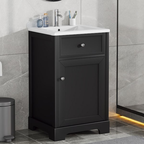 20 in. Single Sink Freestanding Black Bath Vanity with White Ceramic Top, Adjustable Shelf