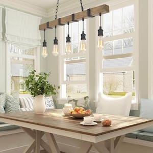 Wood Beam Chandelier 35.5 in. 5-Light Brown Linear Farmhouse Chandelier Island Pendant Light with Wood Accents