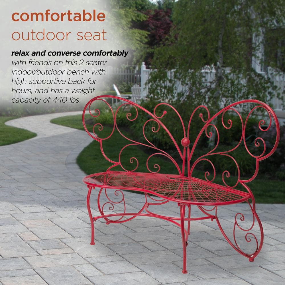 Bright-Red Butterfly-Shaped Metal Garden Bench, 62"L x 26"W x 38"H