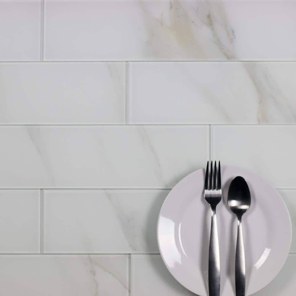 Nature Calacatta White 4 in. x 16 in. Large Format Glossy Glass Subway Backsplash Wall Tile (16 Sq. Ft./Case) -  ABOLOS, GHMWTJ0416-CA