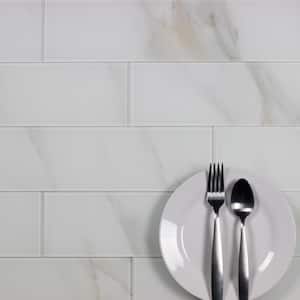 Nature Calacatta White 4 in. x 16 in. Large Format Glossy Glass Subway Backsplash Wall Tile (16 Sq. Ft./Case)