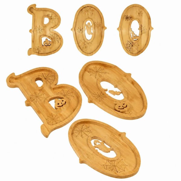 25 in. BOO Wood Color Bamboo Halloween Charcuterie Board Set with 14 Balloons Serving Boards
