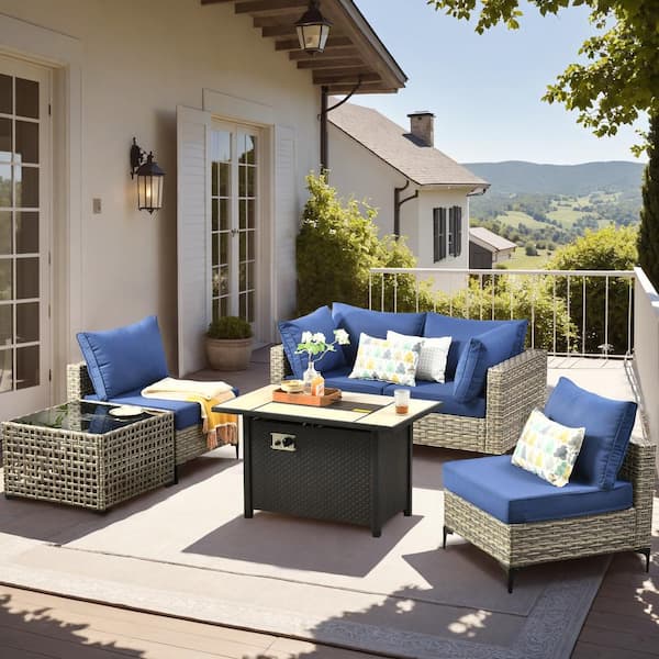 OVIOS Supery Gray 6-Piece Wicker Rectangle Fire Pit Patio Conversation Set with Navy Blue Cushions