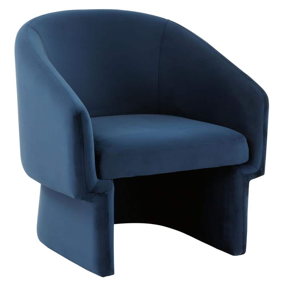 Contemporary Navy Velvet Barrel Accent Chair with Wood Base