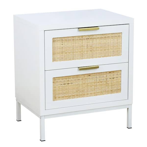 Aupodin Natural Rattan 2-Drawers White Nightstand Sofa Side