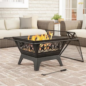 32 in. W x 27 in. H Square Steel Wood Burning Outdoor Deep Fire Pit in Black with Star Design