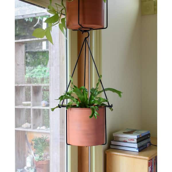 22.5in.H x 10.5"W Black Wrought Iron Indoor Outdoor Vera Hanging Planter w/Cylindrical Burnt Sienna Galvanized Steel Pot