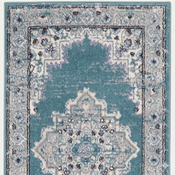2 X 10 Gray, Aqua Oriental Washable Runner Rug