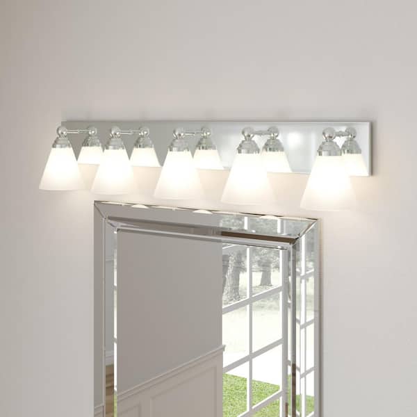 Hudson 37.75 in. 5-Light Chrome Transitional Vanity Light with White Opal Glass Shades