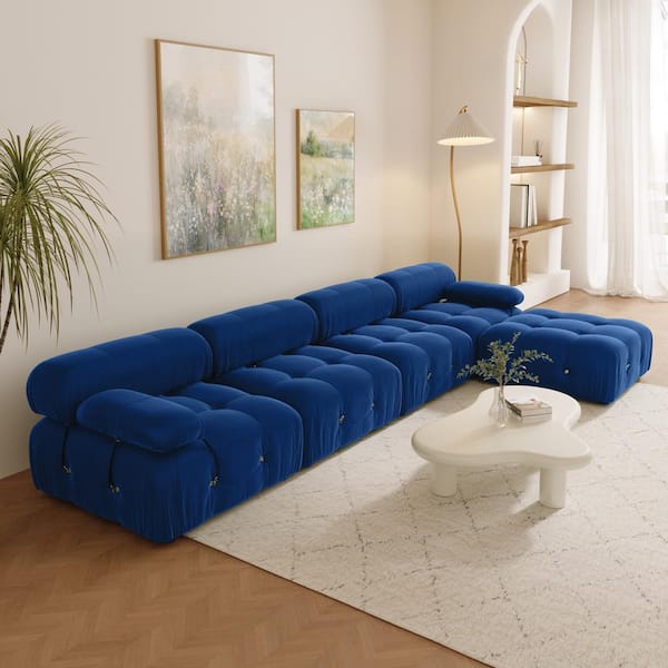 J&E Home 103.85 in. Square Arm 4-piece L Shaped Velvet Modular Free Combination Sectional Sofa with Ottoman in. Blue