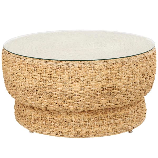 18.8 in. Brown Round Wood Coffee Table with Glass Top