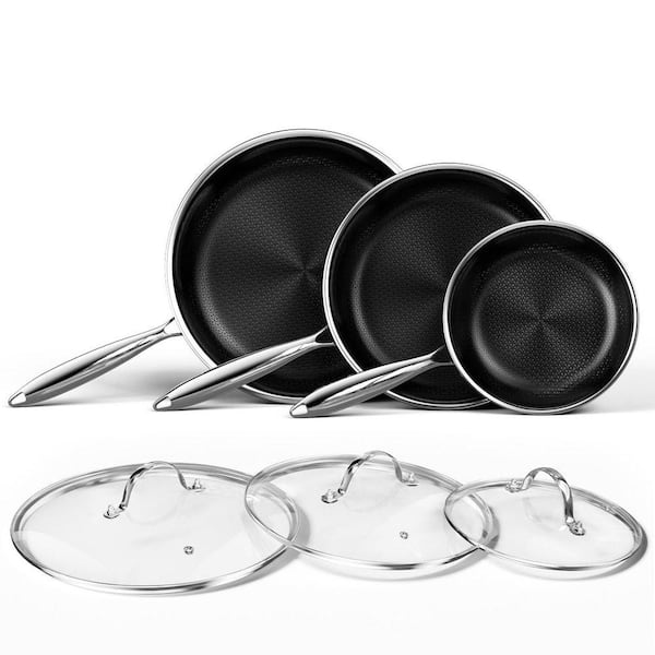 Titanium 6-Piece Titanium Ceramic Nonstick Stainless Steel Frying Pan Set with Lids, Honeycomb Texture, Induction