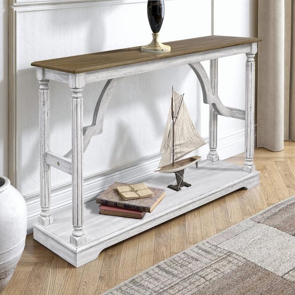 GALANO Delroy 45.9 in. Spray Paint White and Oak Rectangular Solid Wood Console Table