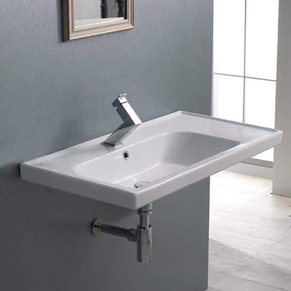 White Rectangular Ceramic Wall-Mount Sink with Counter Space