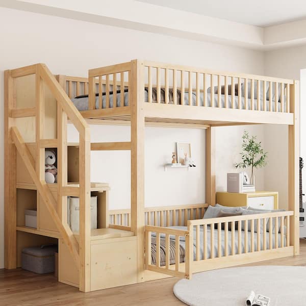 Natural Twin over Twin Bunk Bed with Ladder and Storage