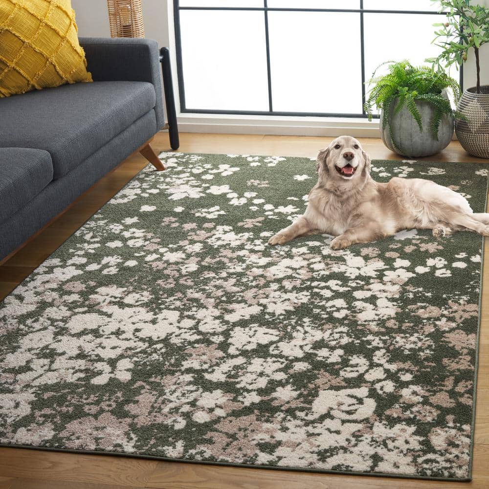 Adirondack Dark Green and Ivory Floral Synthetic Area Rug