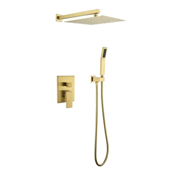 WELLFOR 2-Spray Patterns Dual Shower Head 10 in. Wall Mounting Fixed and Handheld Shower Head 2.5 GPM in Brushed Gold
