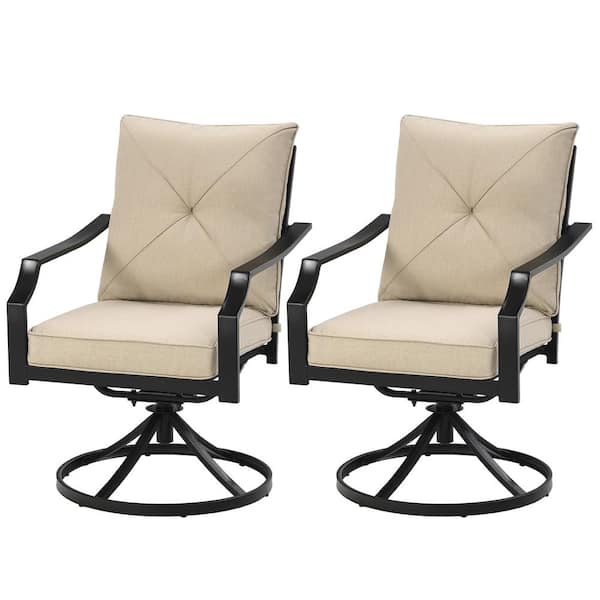 Costway Beige Swivel Polyester Metal Patio Outdoor Dining Chair Armrest Garden Deck with Beige Cushion (Set of 2)