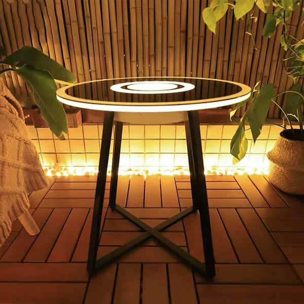 Black Round Rgb Light Led Glass Top, Wood Coffee Table With Bluetooth Speaker
