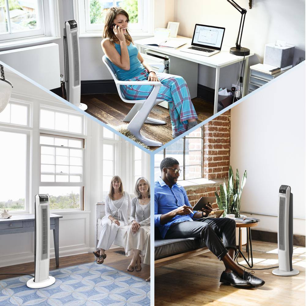 White EcoQuiet Oscillating Tower Fan with Remote Control
