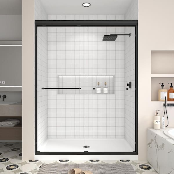 49 to 54 in. W x 70 in. H Double Sliding Framed Shower Door in Matte Black Finish with Clear Glass