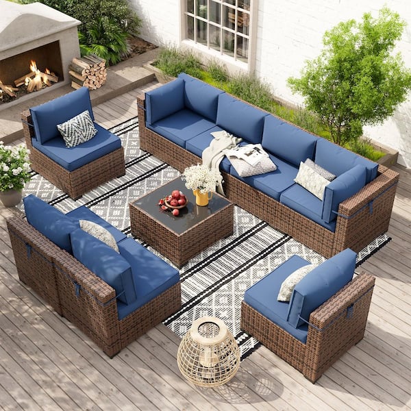 Poteban 9-Piece Wicker Patio Sectional Conversation Sets With Coffee Table and Cushions