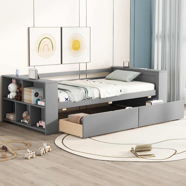 Gray Twin Size Daybed with Shelves and Drawers