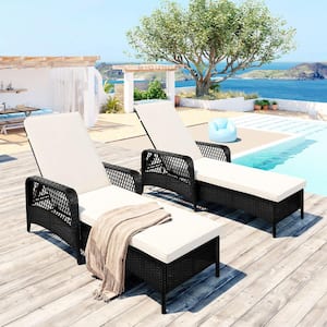Black 2-Piece Wicker Patio Outdoor Chaise Lounge with Beige Cushions