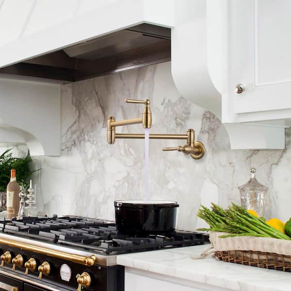 Wall Mounted Pot Filler Faucet with Double-Handle in Gold