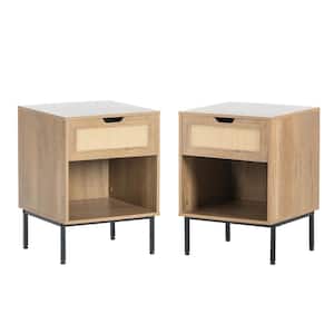 15.7 in. W x 15.7 in. D x 21.8 in. H Brown Linen Cabinet with Rattan Drawer and Open Shelf, Set of 2