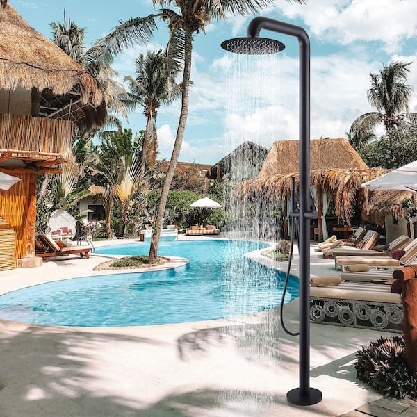 Outdoor Exposed Single-Handle Freestanding Tub Faucet with Floor Mount Rainfall Shower Head in Matte Black