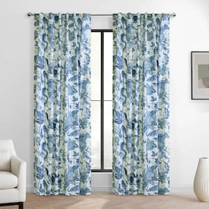 Jacobean Garden Blue Cotton 52 in. W x 84 in. L Dual Header Indoor Light Filtering Curtain (Single Panel)