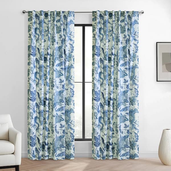 Jacobean Garden Blue Cotton 52 in. W x 84 in. L Dual Header Indoor Light Filtering Curtain (Single Panel)