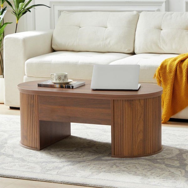 ATHMILE 39.37 in. Walnut Oval MDF Coffee Table with Storage Space
