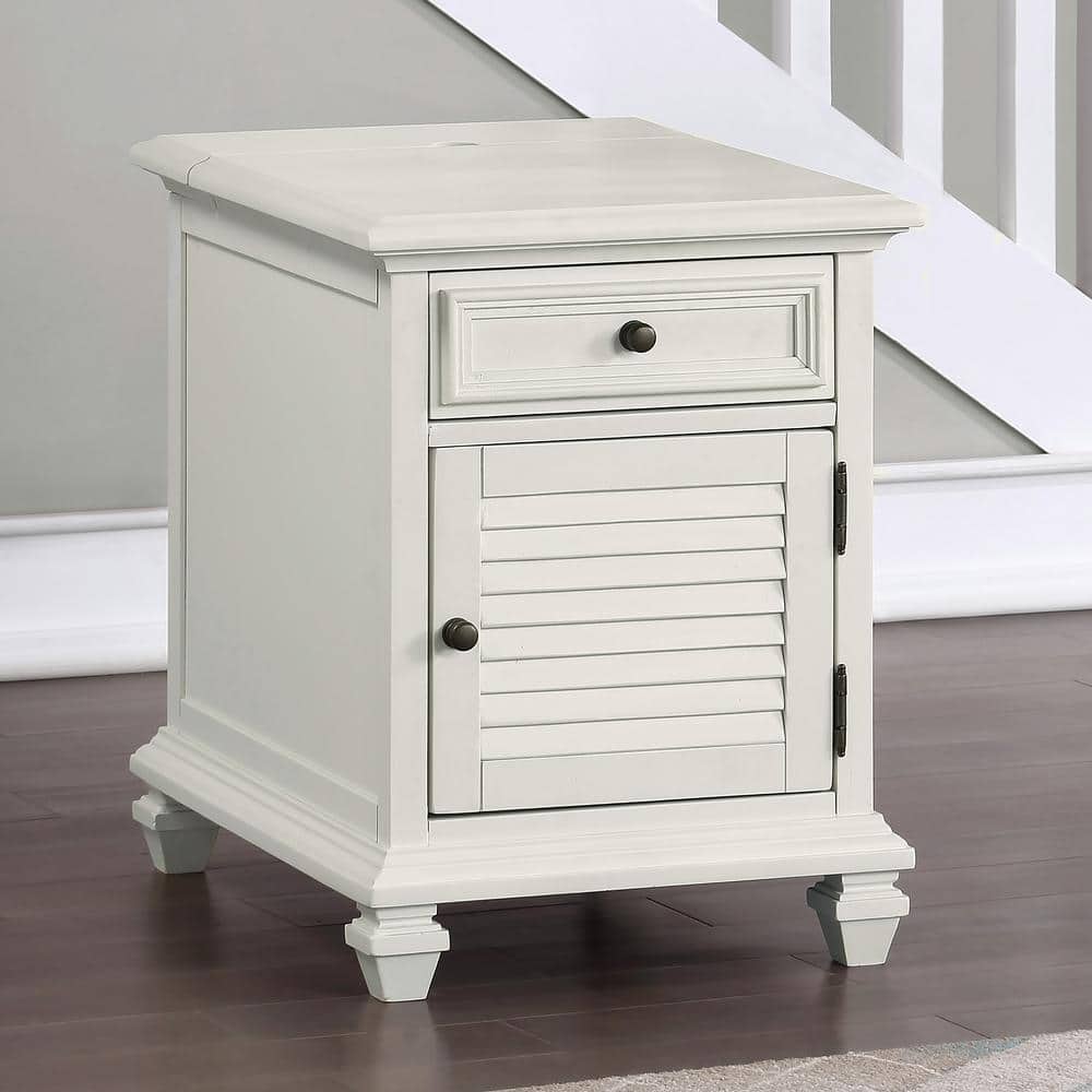 White Rectangular Wood Storage End Table with USB Ports