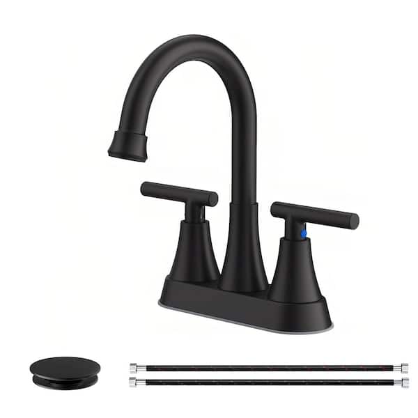 Easy Install 4 in. Centerset Double Handle Spot Resistant Bathroom Faucet with Drain Kit in Matte Black